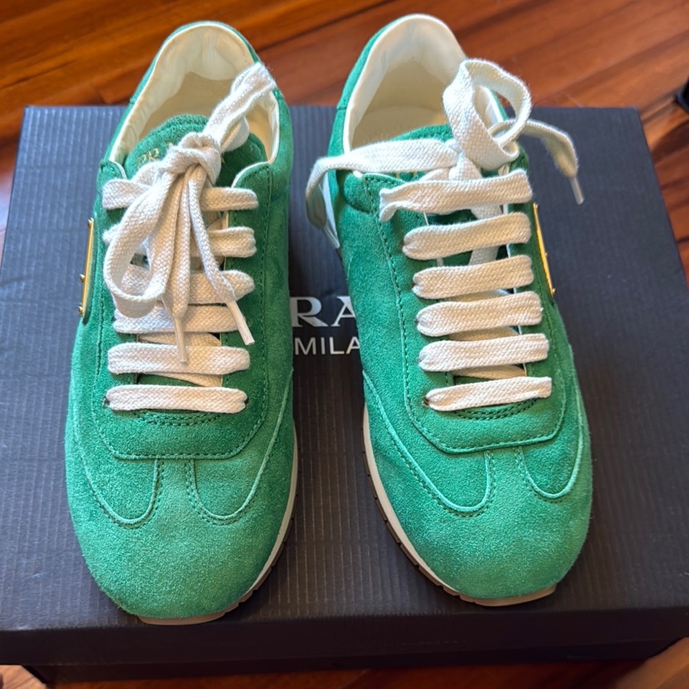 Prada Green Suede Sneakers with White Laces